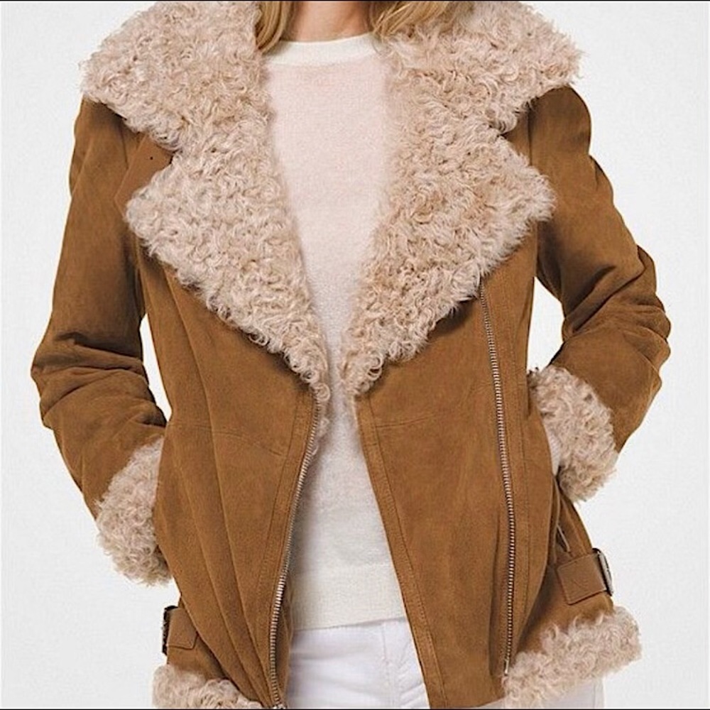 NEW $400 MICHAEL KORS FAUX MONGOLIAN FUR SHEARLING SUEDE MOTO JACKET
